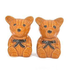 Vintage Bear Salt & Pepper Shakers with original stoppers Quilted Bow Tie